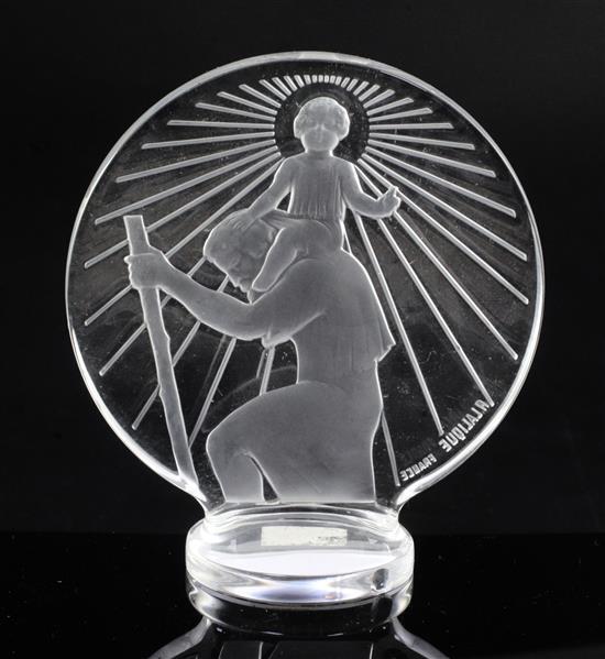 Sainte-Christophe/St. Christopher. A glass mascot by René Lalique, introduced on 1/3/1928, No.10930 Height 11.5cm.